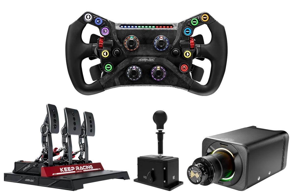 Simagic Alpha EVO Pro 18Nm Wheel Base, GT NEO Steering Wheel P1000 Pedal Set and Shifter Bundle