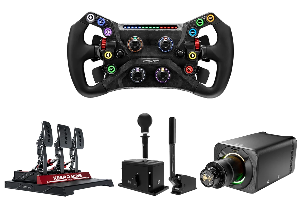 Simagic Alpha EVO Pro 18Nm Wheel Base, GT NEO Steering Wheel, 3 Pedal Set, Dual-Mode Shifter & Handbrake